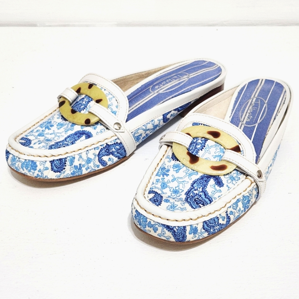 Blue & White Paisley Tortoise Shell Ring Detail Slip On Loafers Mules